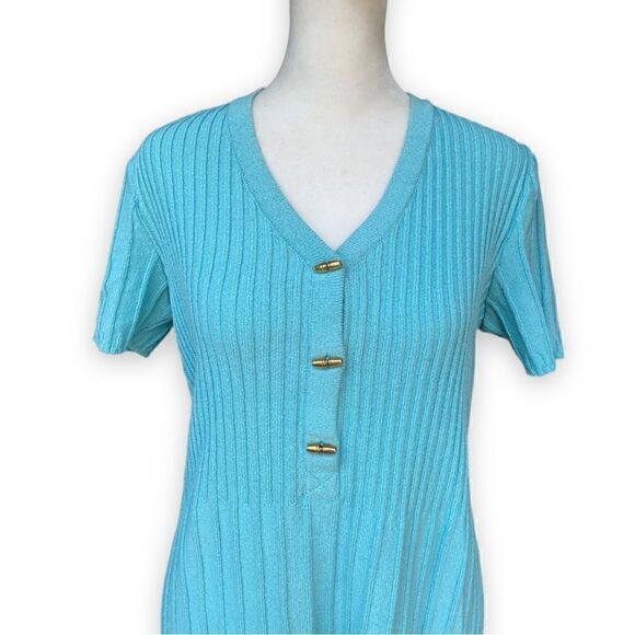 ST. John Sport Blue Green Ribbed Stretch Knit Short Sleeve Dress Dress | Small - Picture 2 of 15